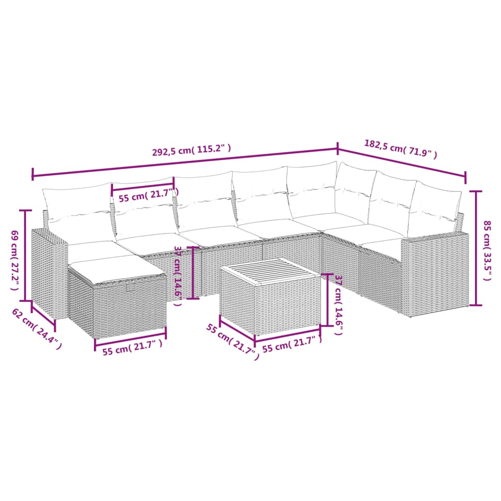 9-tlg. Garten-Sofagarnitur mit Kissen Beige Poly Rattan