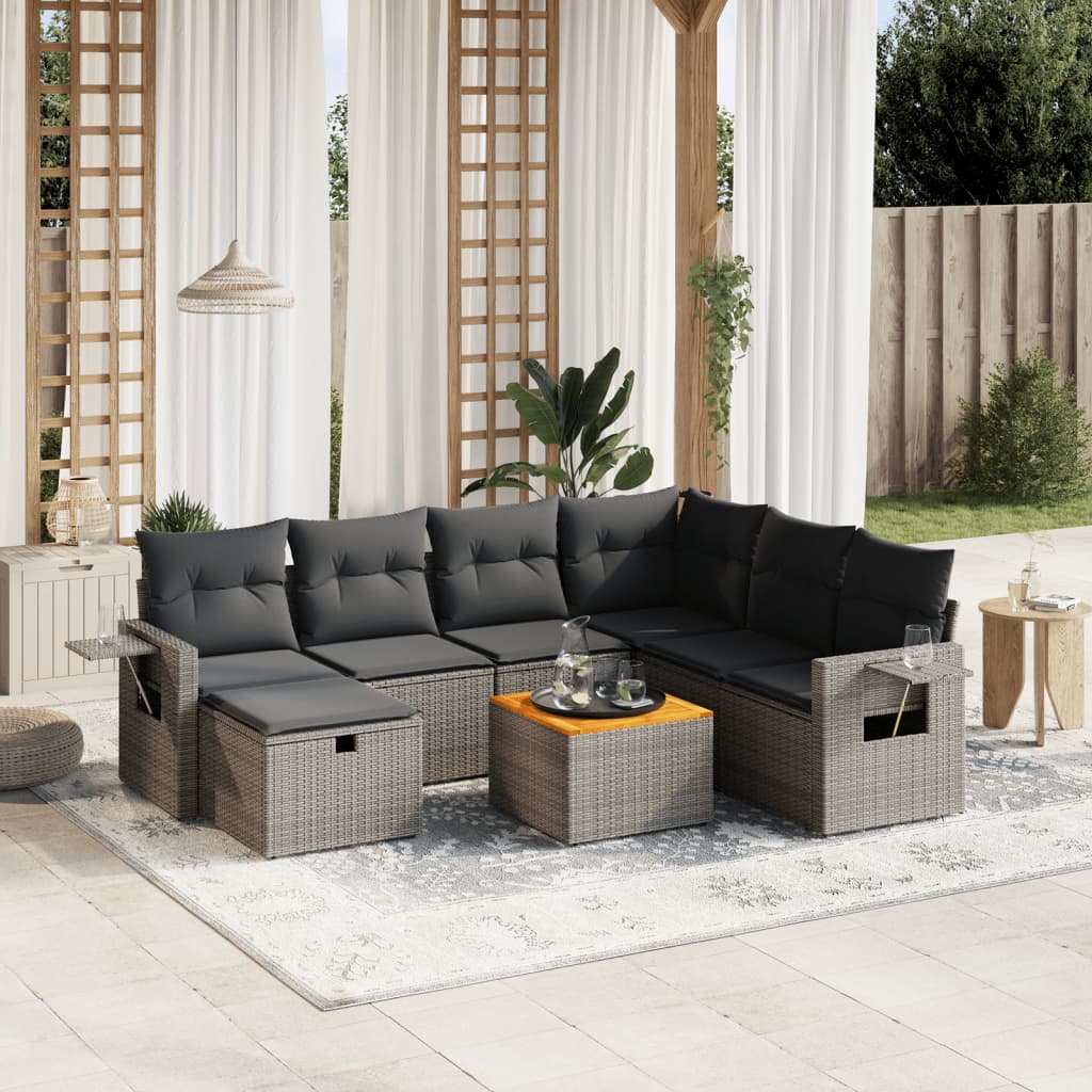 8-tlg. Garten-Sofagarnitur mit Kissen Grau Poly Rattan