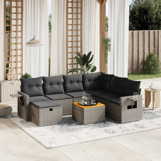 8-tlg. Garten-Sofagarnitur mit Kissen Grau Poly Rattan