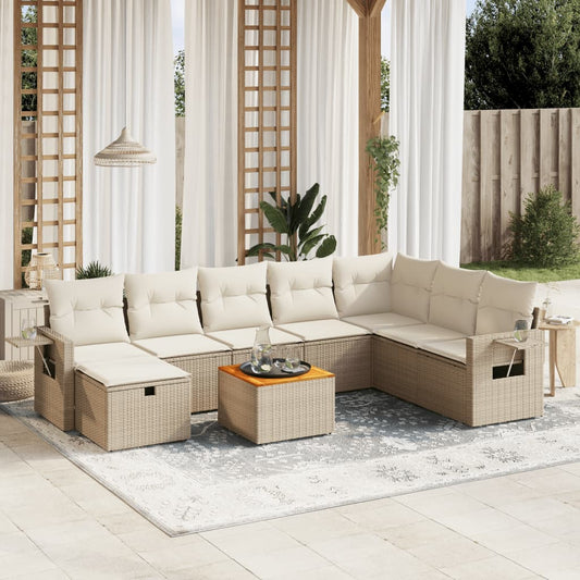 9-tlg. Garten-Sofagarnitur mit Kissen Beige Poly Rattan