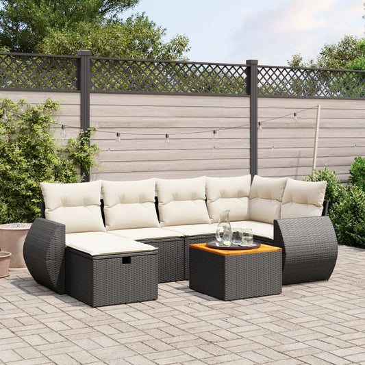 7-tlg. Garten-Sofagarnitur mit Kissen Schwarz Poly Rattan