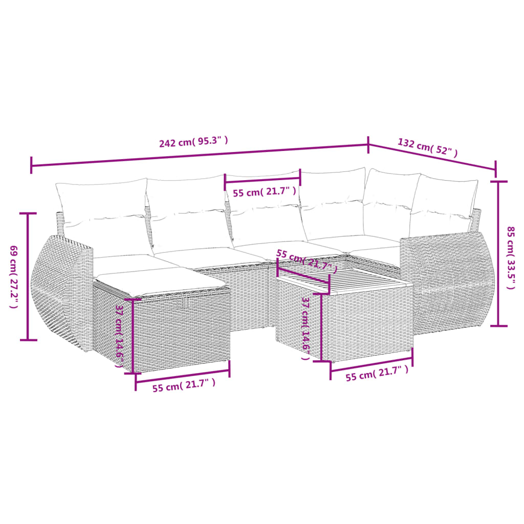 7-tlg. Garten-Sofagarnitur mit Kissen Beige Poly Rattan