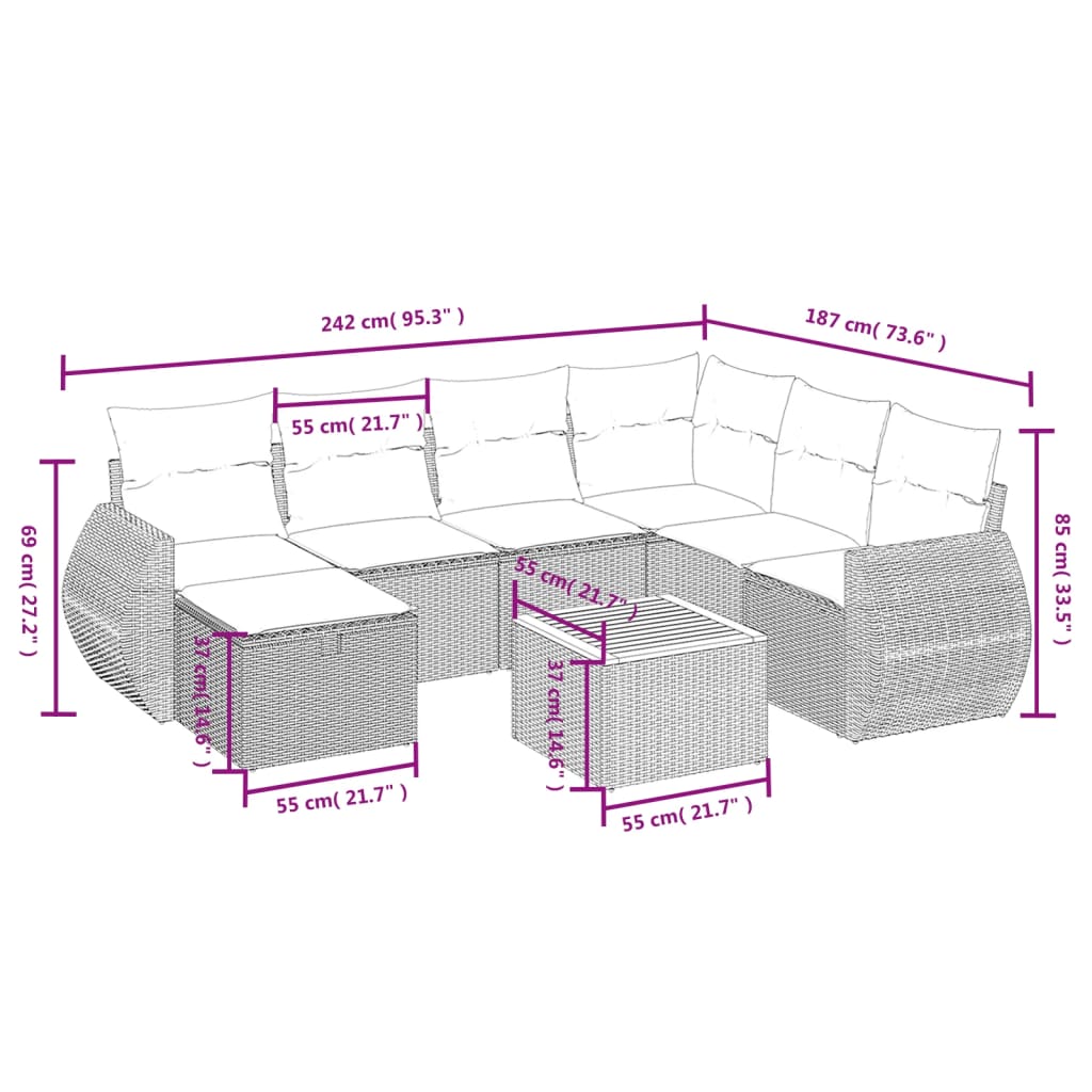 8-tlg. Garten-Sofagarnitur mit Kissen Grau Poly Rattan