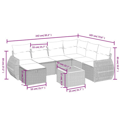 8-tlg. Garten-Sofagarnitur mit Kissen Grau Poly Rattan