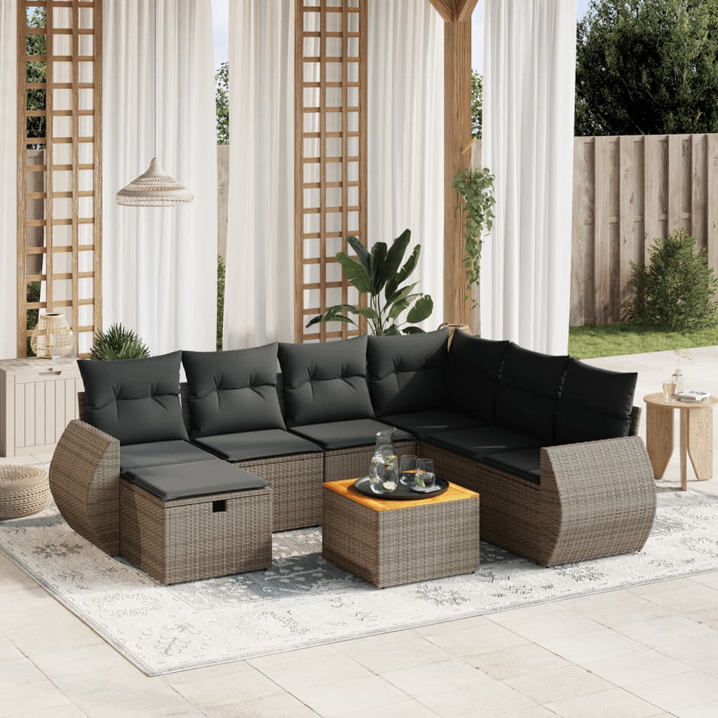 8-tlg. Garten-Sofagarnitur mit Kissen Grau Poly Rattan