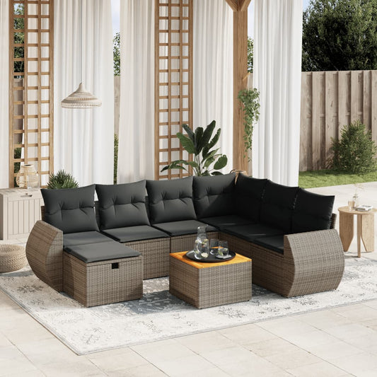 8-tlg. Garten-Sofagarnitur mit Kissen Grau Poly Rattan