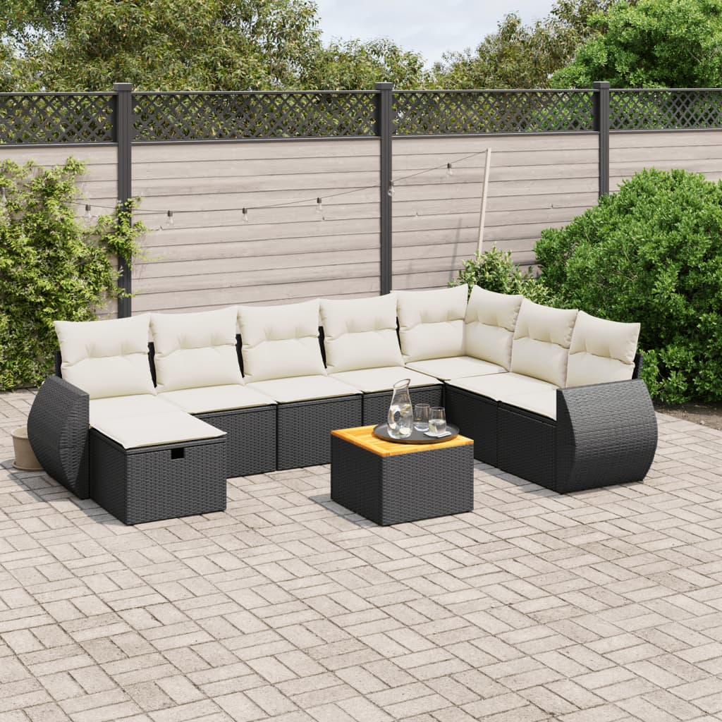 9-tlg. Garten-Sofagarnitur mit Kissen Schwarz Poly Rattan