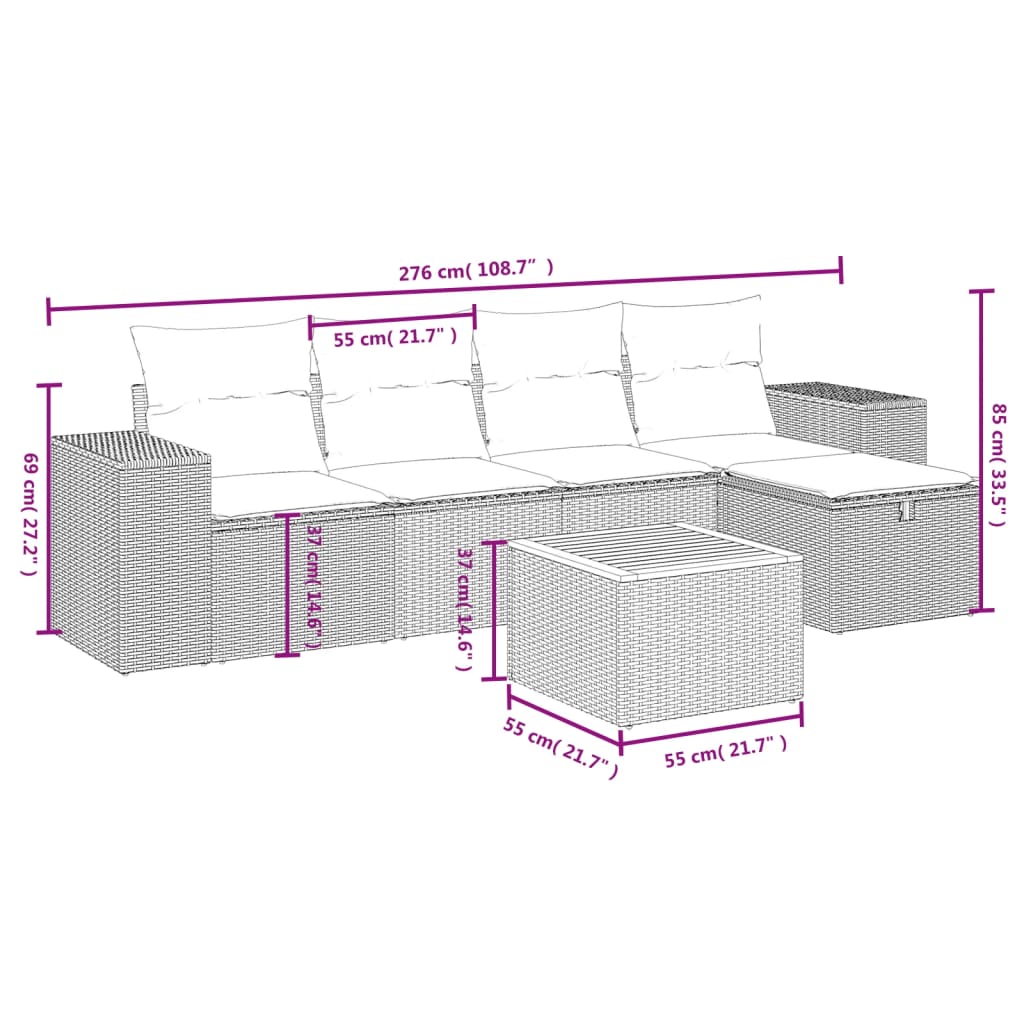 6-tlg. Garten-Sofagarnitur mit Kissen Beige Poly Rattan