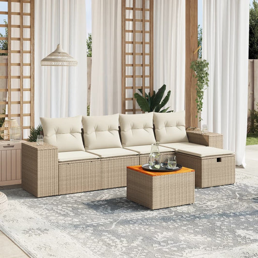 6-tlg. Garten-Sofagarnitur mit Kissen Beige Poly Rattan