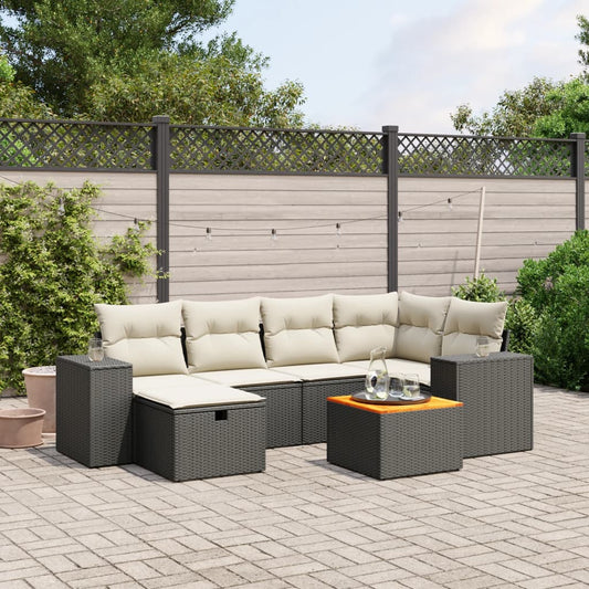 7-tlg. Garten-Sofagarnitur mit Kissen Schwarz Poly Rattan