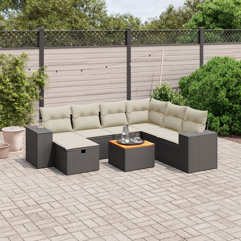 8-tlg. Garten-Sofagarnitur mit Kissen Schwarz Poly Rattan