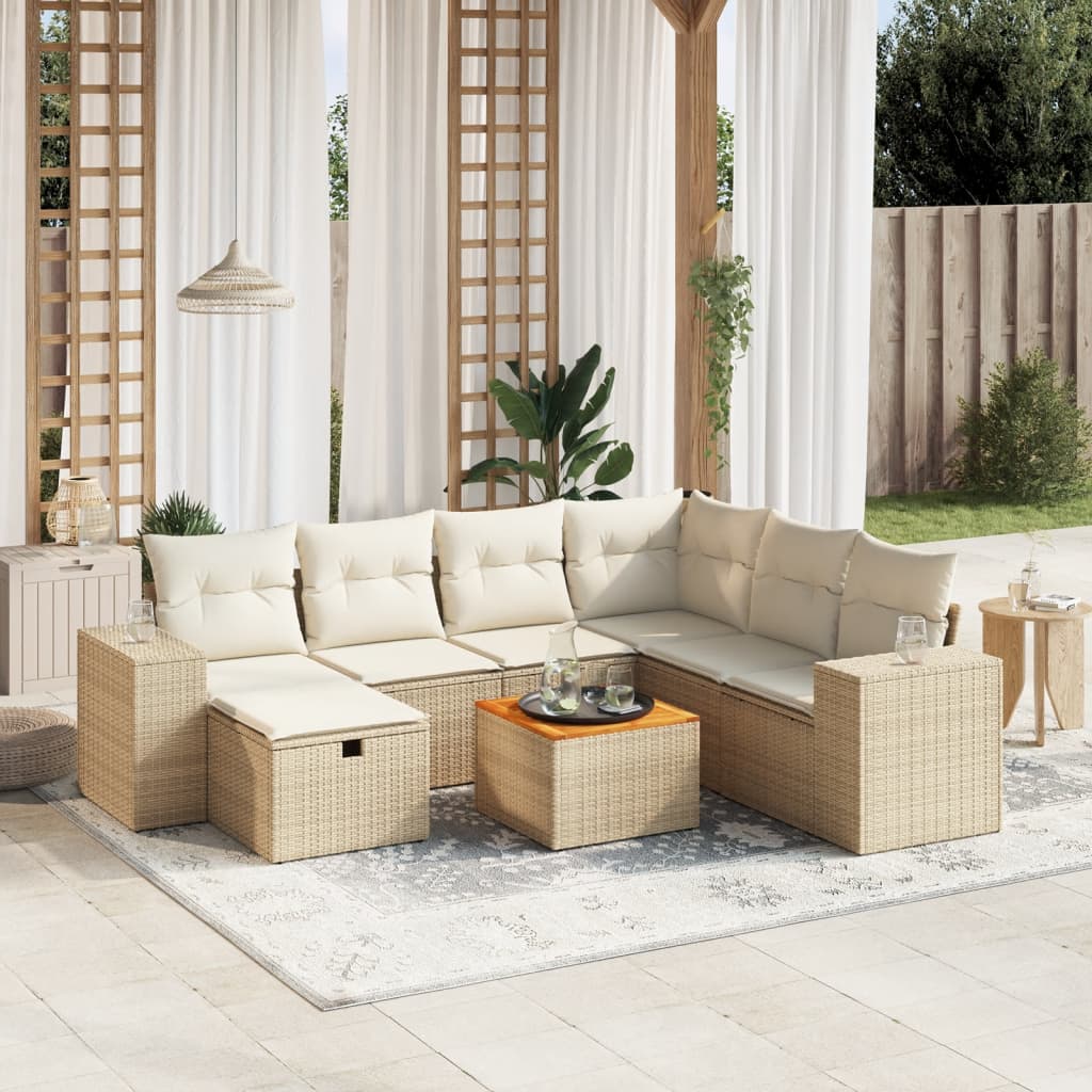 8-tlg. Garten-Sofagarnitur mit Kissen Beige Poly Rattan