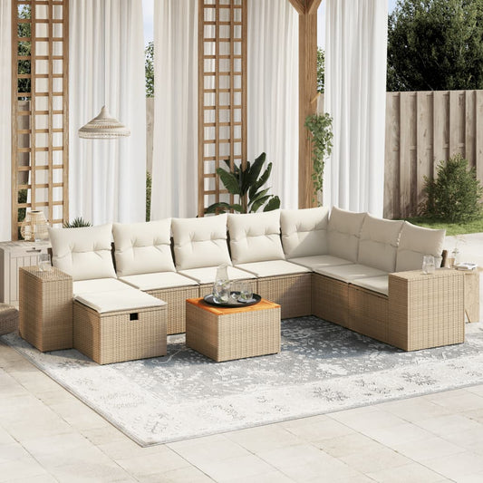 9-tlg. Garten-Sofagarnitur mit Kissen Beige Poly Rattan