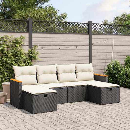 6-tlg. Garten-Sofagarnitur mit Kissen Schwarz Poly Rattan