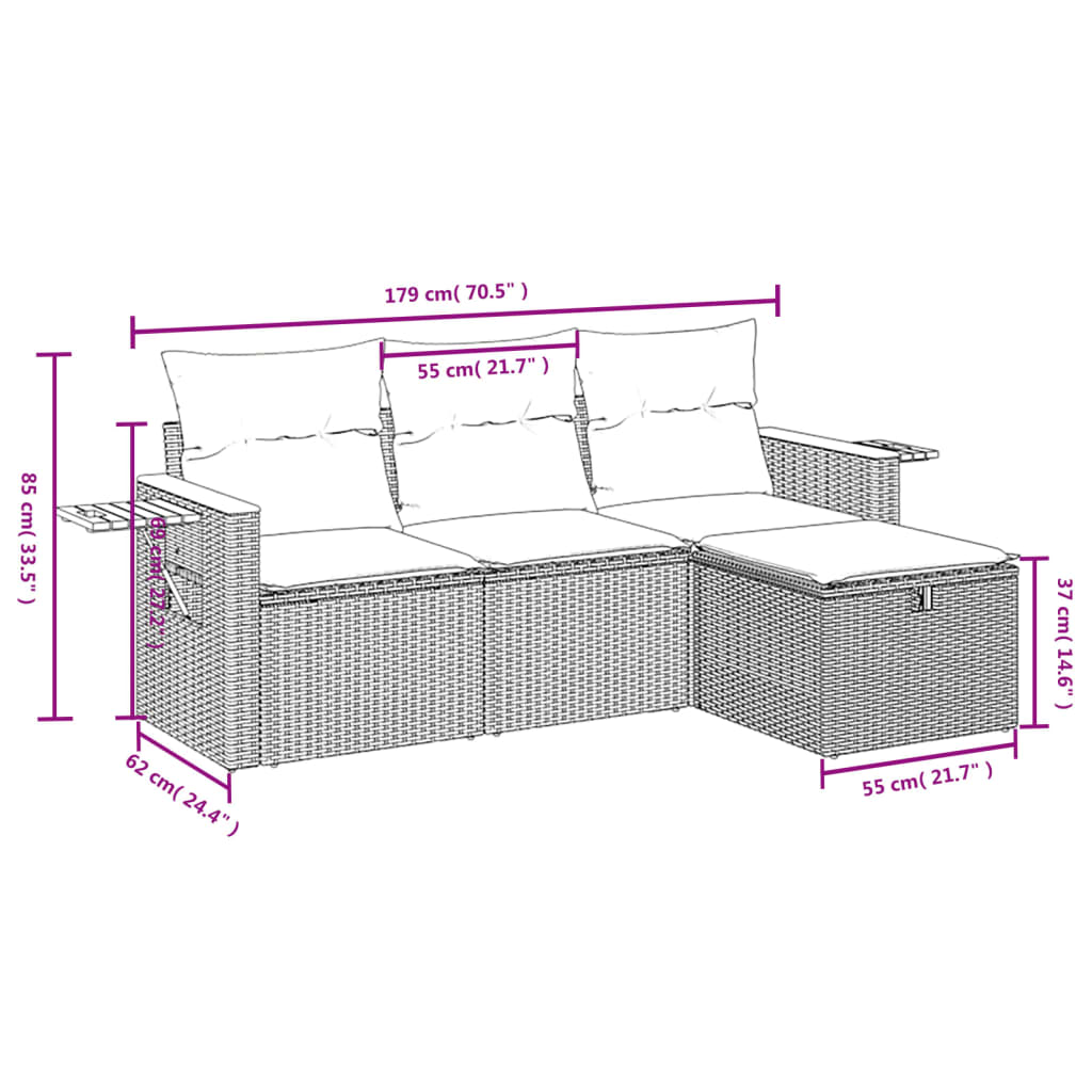 4-tlg. Garten-Sofagarnitur mit Kissen Beige Poly Rattan