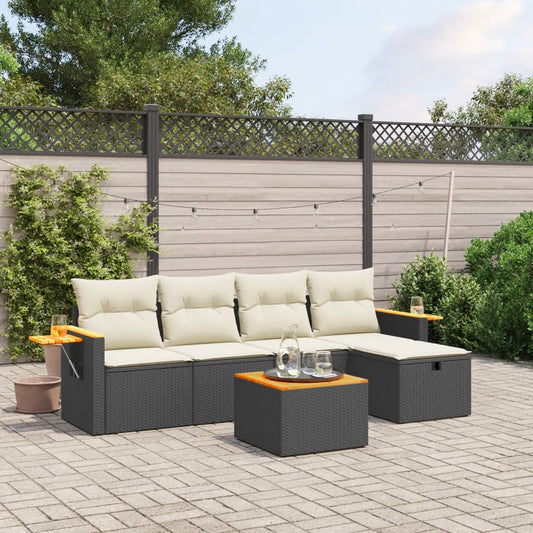 6-tlg. Garten-Sofagarnitur mit Kissen Schwarz Poly Rattan