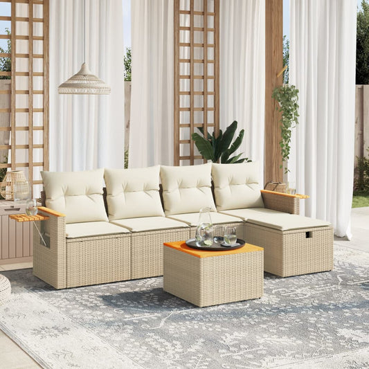 6-tlg. Garten-Sofagarnitur mit Kissen Beige Poly Rattan