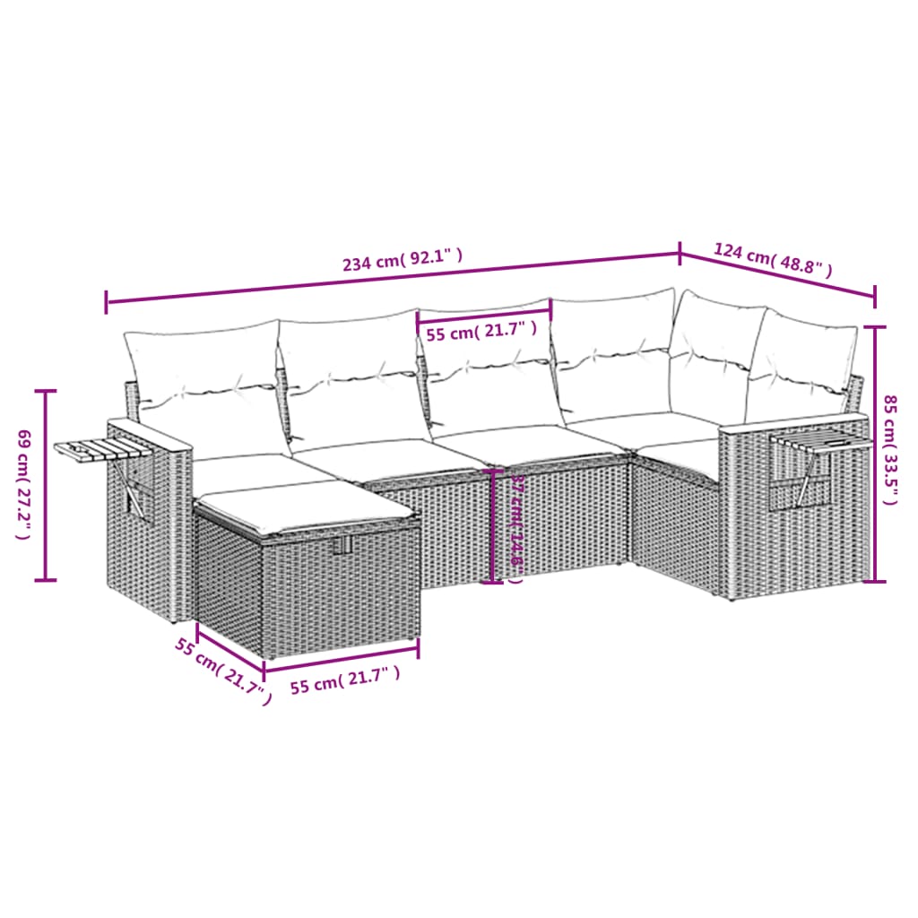6-tlg. Garten-Sofagarnitur mit Kissen Beige Poly Rattan