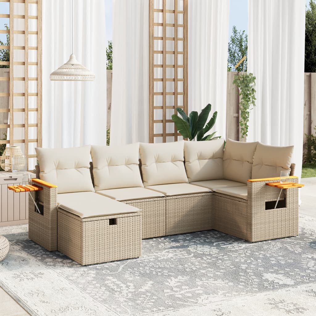 6-tlg. Garten-Sofagarnitur mit Kissen Beige Poly Rattan