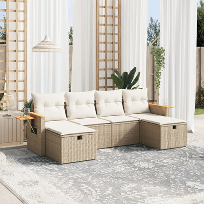 6-tlg. Garten-Sofagarnitur mit Kissen Beige Poly Rattan