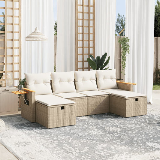 6-tlg. Garten-Sofagarnitur mit Kissen Beige Poly Rattan