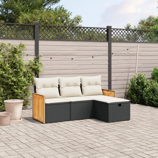 4-tlg. Garten-Sofagarnitur mit Kissen Schwarz Poly Rattan