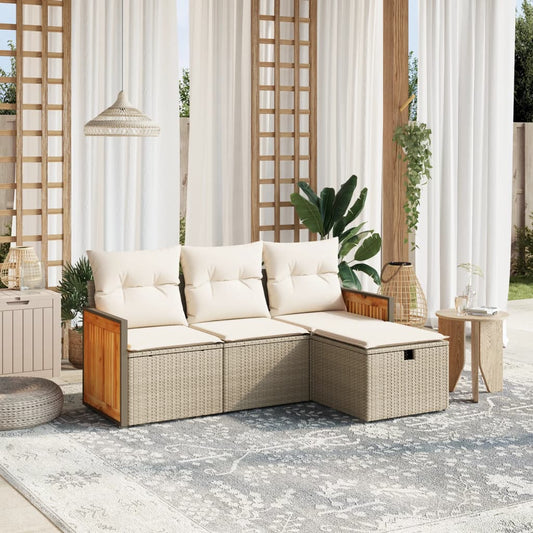 4-tlg. Garten-Sofagarnitur mit Kissen Beige Poly Rattan
