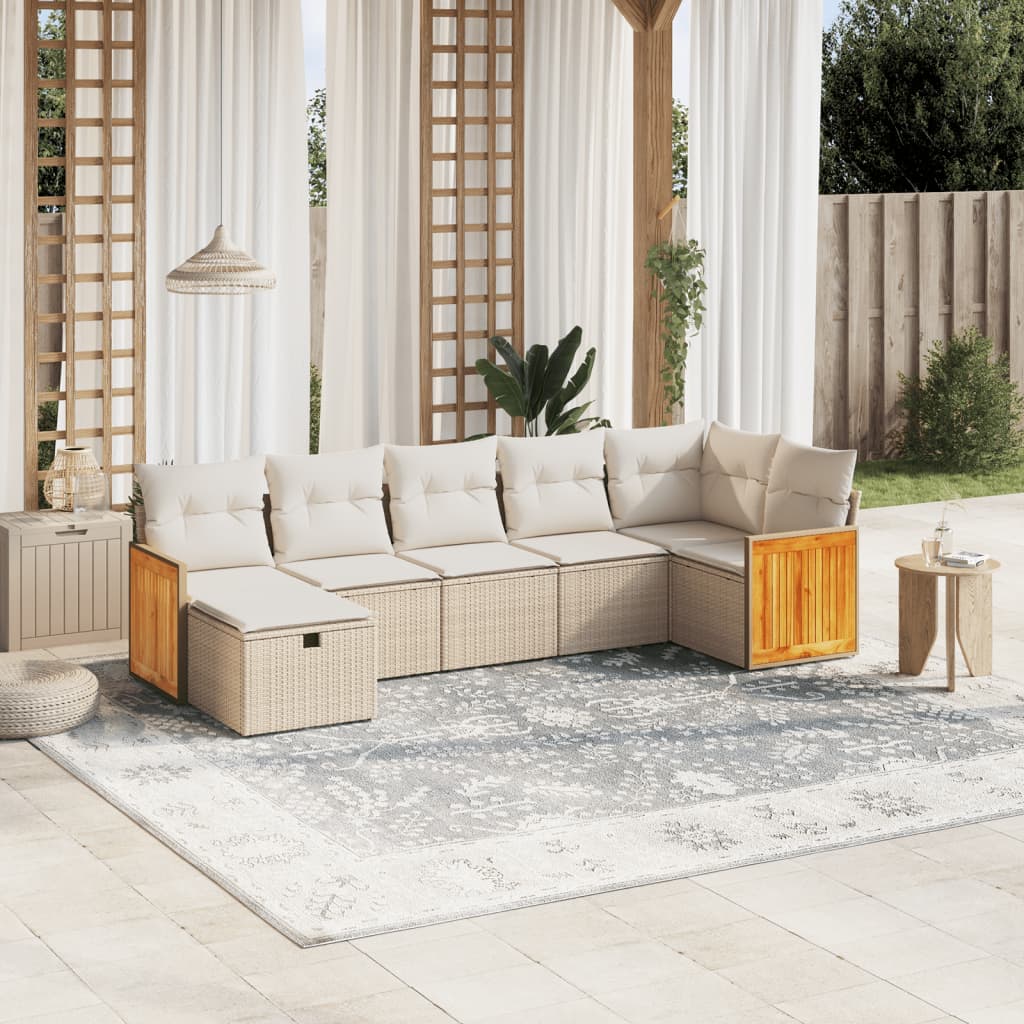 7-tlg. Garten-Sofagarnitur mit Kissen Beige Poly Rattan