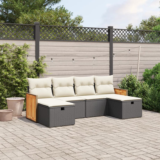 6-tlg. Garten-Sofagarnitur mit Kissen Schwarz Poly Rattan