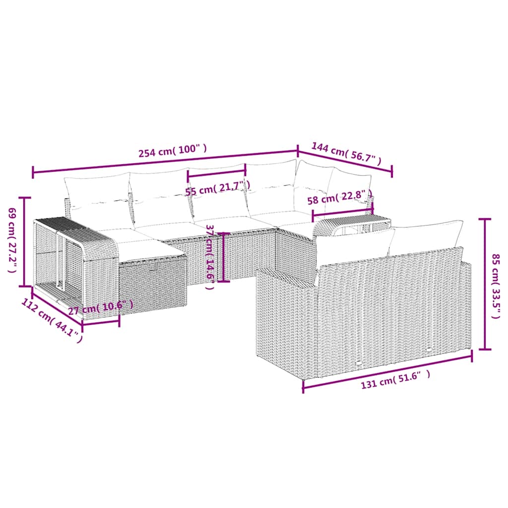 10-tlg. Garten-Sofagarnitur mit Kissen Braun Poly Rattan