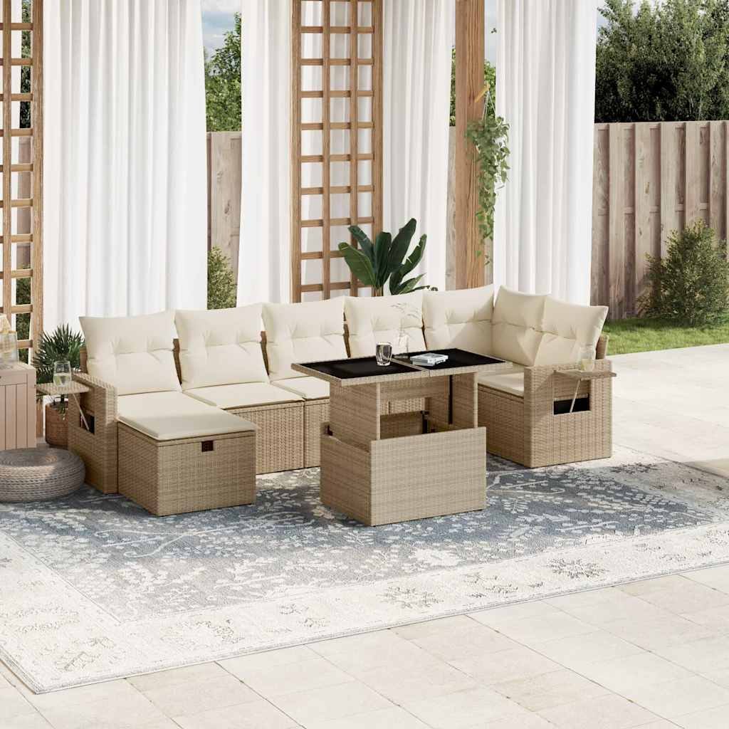 8-tlg. Garten-Sofagarnitur mit Kissen Beige Poly Rattan
