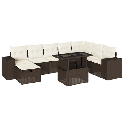 9-tlg. Garten-Sofagarnitur mit Kissen Braun Poly Rattan
