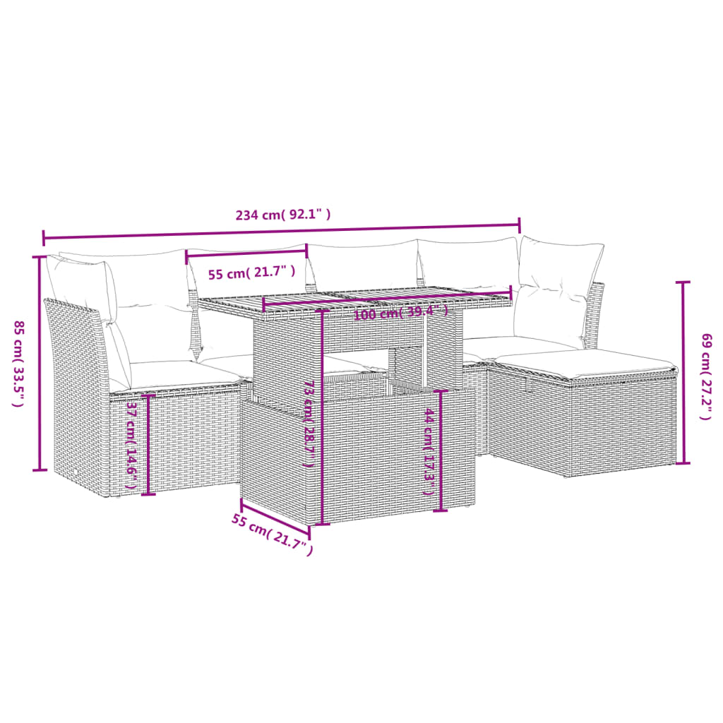 6-tlg. Garten-Sofagarnitur mit Kissen Schwarz Poly Rattan