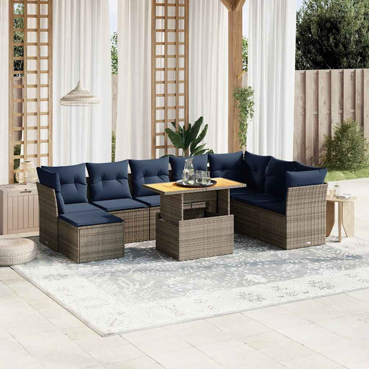 9-tlg. Garten-Sofagarnitur mit Kissen Grau Poly Rattan