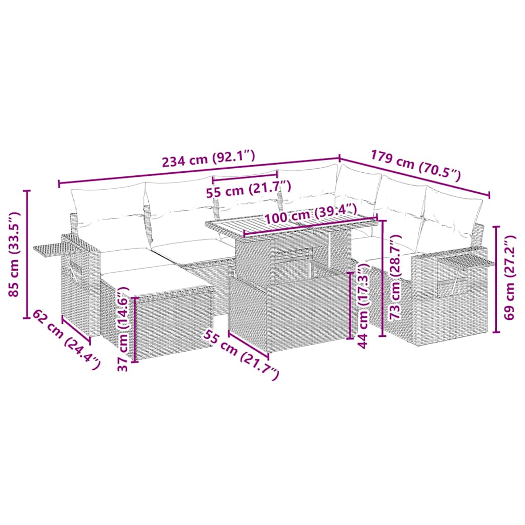8-tlg. Garten-Sofagarnitur mit Kissen Beige Poly Rattan