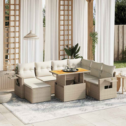 8-tlg. Garten-Sofagarnitur mit Kissen Beige Poly Rattan
