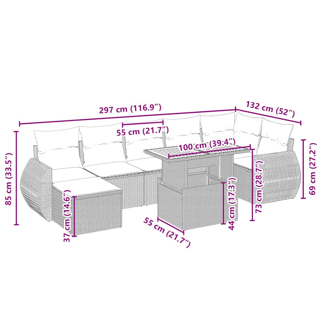 8-tlg. Garten-Sofagarnitur mit Kissen Beige Poly Rattan