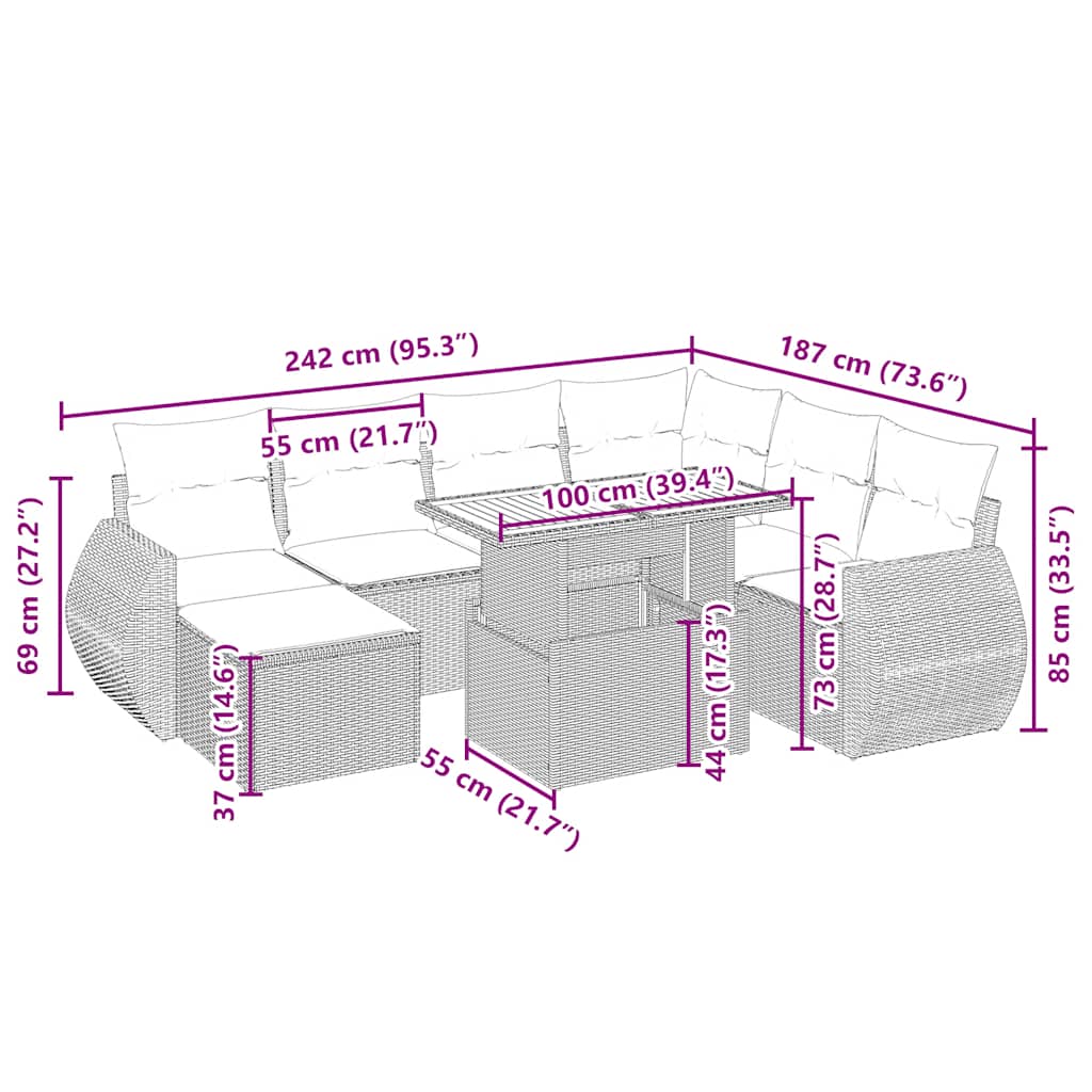 8-tlg. Garten-Sofagarnitur mit Kissen Beige Poly Rattan