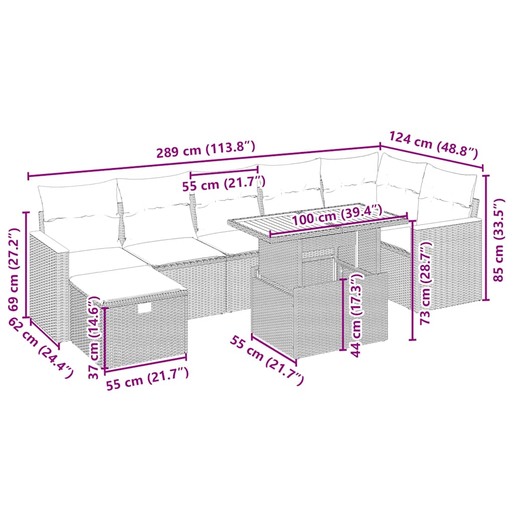8-tlg. Garten-Sofagarnitur mit Kissen Beige Poly Rattan