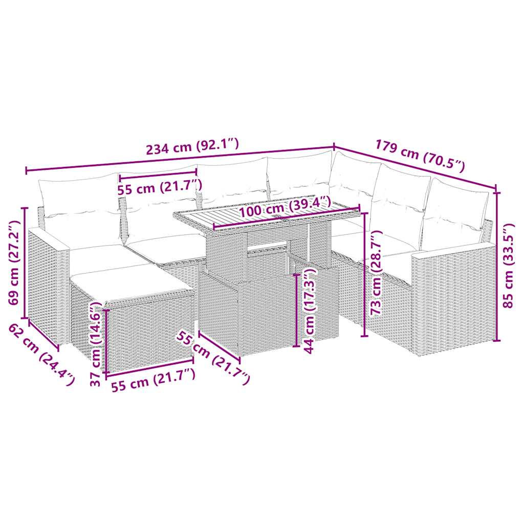 8-tlg. Garten-Sofagarnitur mit Kissen Beige Poly Rattan