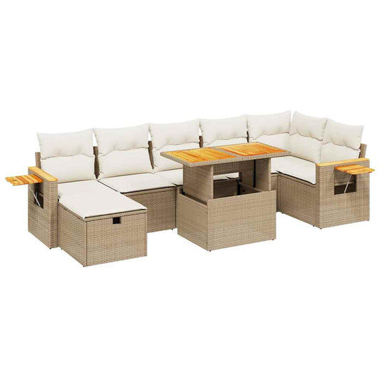 8-tlg. Garten-Sofagarnitur mit Kissen Beige Poly Rattan