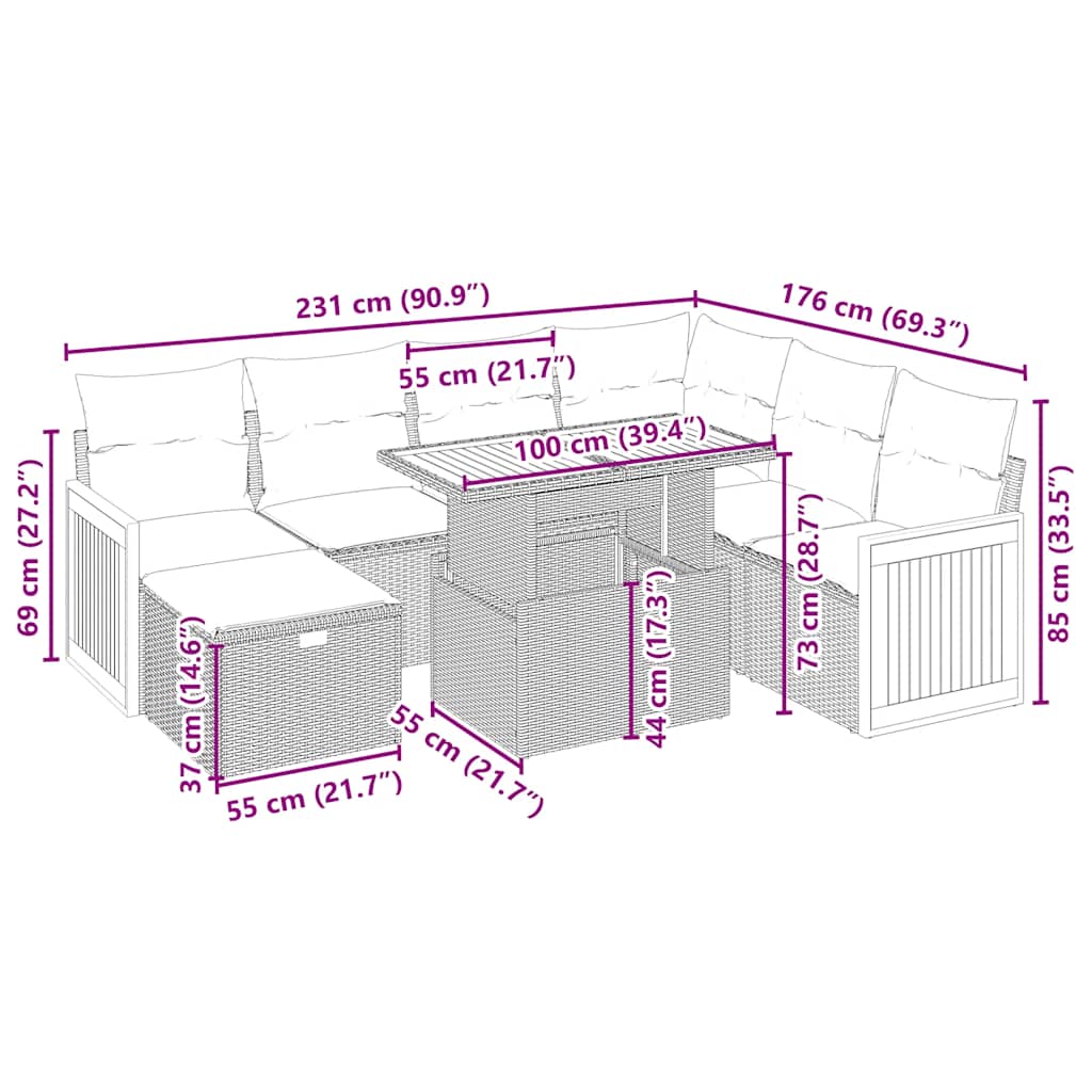 8-tlg. Garten-Sofagarnitur mit Kissen Beige Poly Rattan