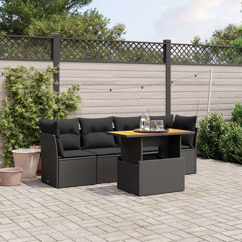 5-tlg. Garten-Sofagarnitur mit Kissen Schwarz Poly Rattan