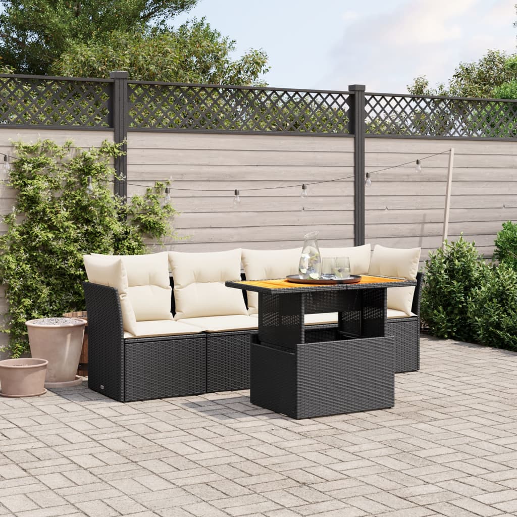 5-tlg. Garten-Sofagarnitur mit Kissen Schwarz Poly Rattan