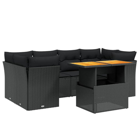 7-tlg. Garten-Sofagarnitur mit Kissen Schwarz Poly Rattan