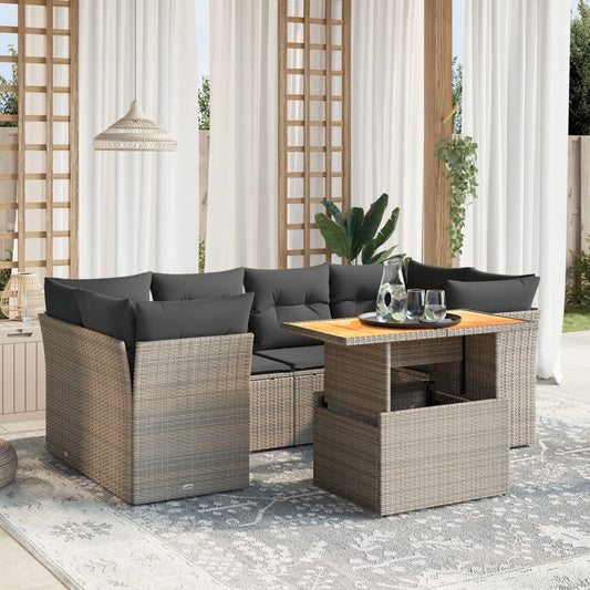 7-tlg. Garten-Sofagarnitur mit Kissen Grau Poly Rattan