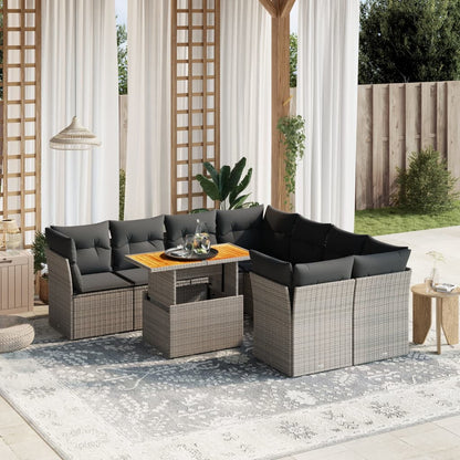 9-tlg. Garten-Sofagarnitur mit Kissen Grau Poly Rattan