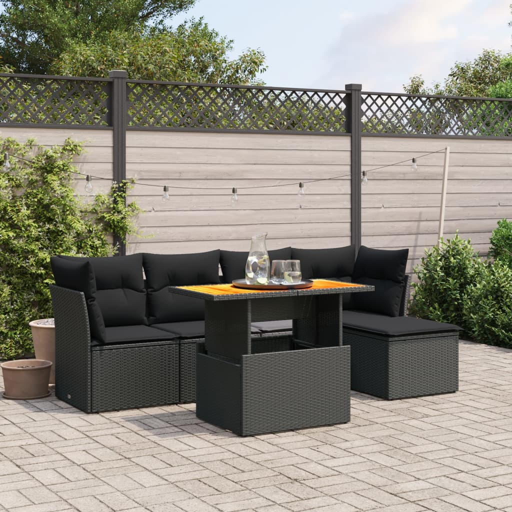 6-tlg. Garten-Sofagarnitur mit Kissen Schwarz Poly Rattan