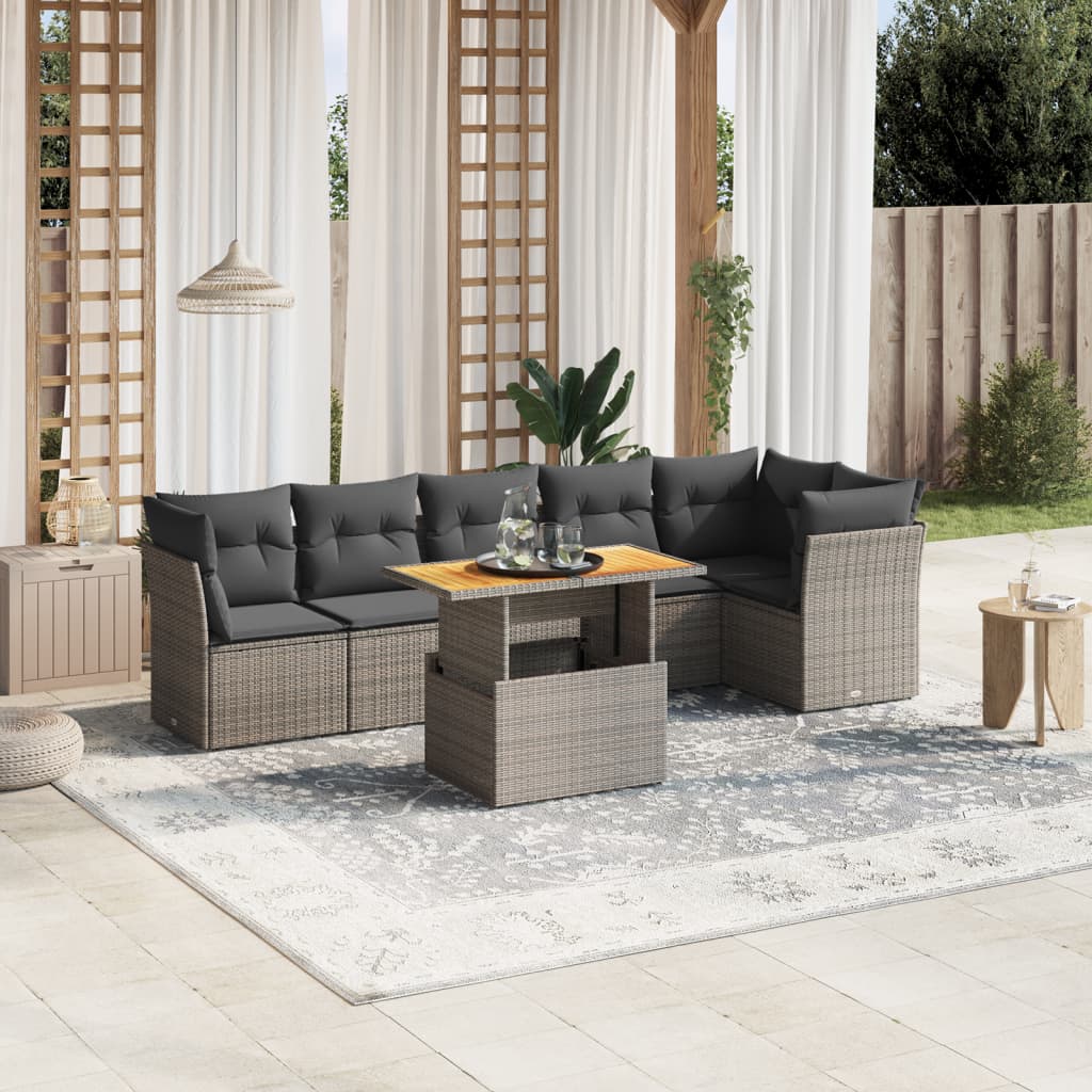 7-tlg. Garten-Sofagarnitur mit Kissen Grau Poly Rattan