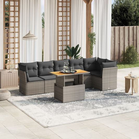 7-tlg. Garten-Sofagarnitur mit Kissen Grau Poly Rattan